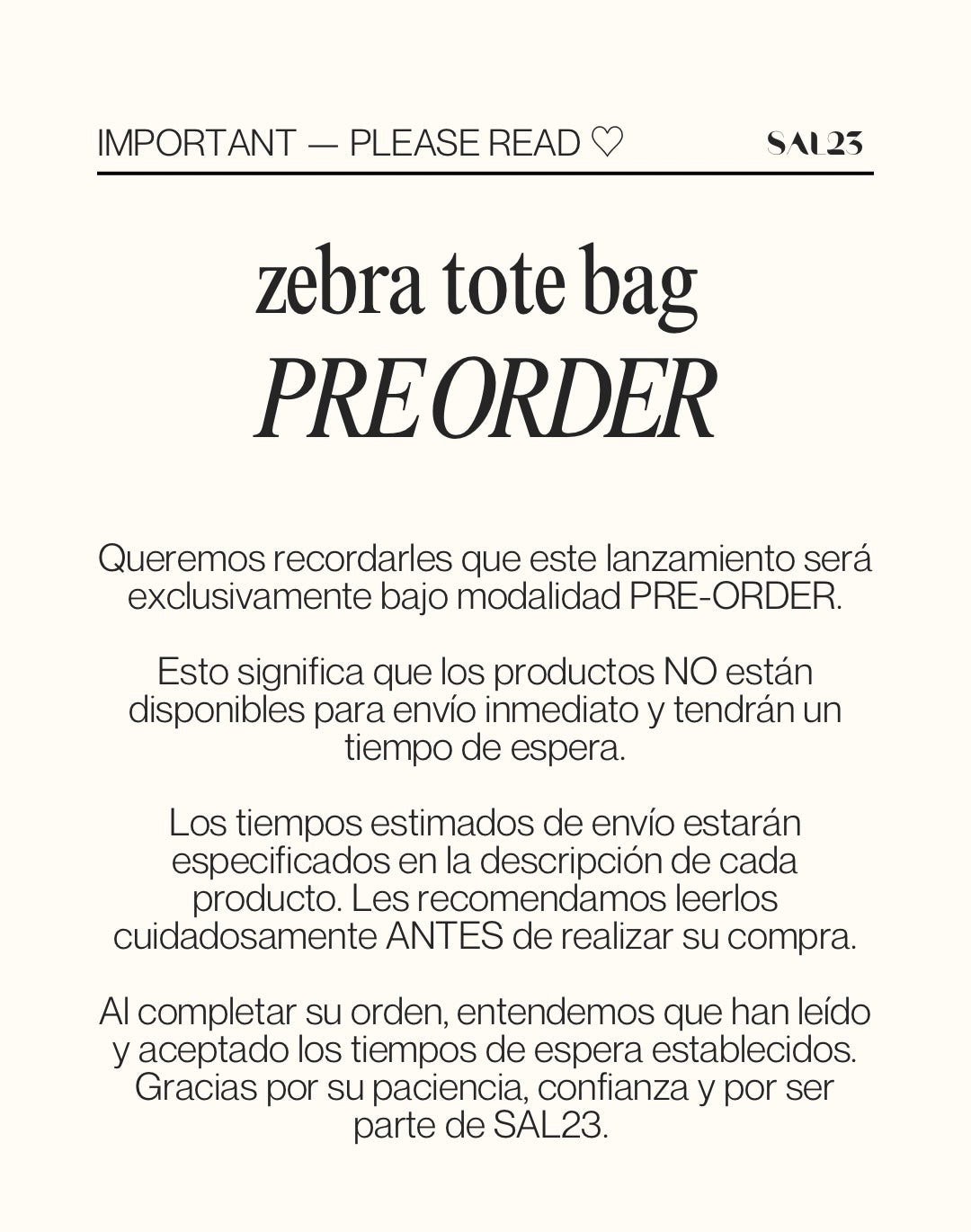 *Pre Order 6-7 Weeks* Zebra Tote Bag